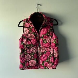 Lilly Pulitzer pink floral and brown printed reversible down puffer vest